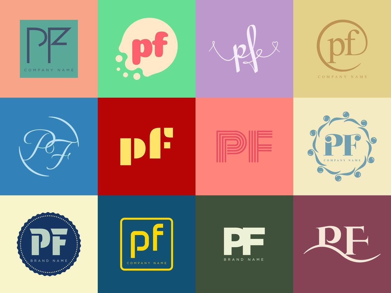 PF logo company template. Letter p and f logotype. Set different classic serif lettering and modern bold text with design elements. Initial font typography. vector