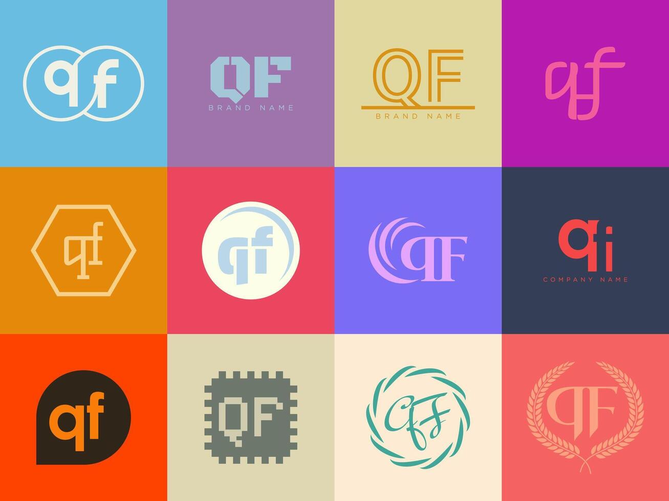 QF logo company template. Letter q and f logotype. Set different classic serif lettering and modern bold text with design elements. Initial font typography. vector