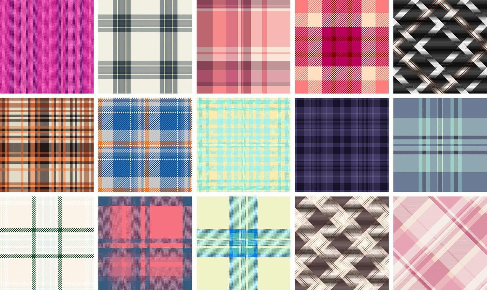 Vibrant collection of 16 diverse plaid patterns. Perfect for textile design, fashion, website backgrounds, and scrapbooking. Stylish and versatile textures in various colors and styles. vector