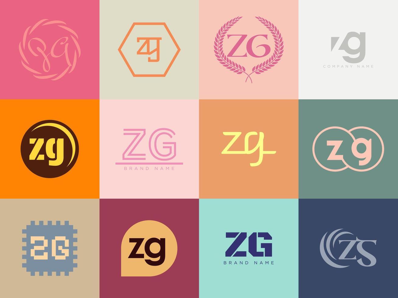ZG logo company template. Letter z and g logotype. Set different classic serif lettering and modern bold text with design elements. Initial font typography. vector