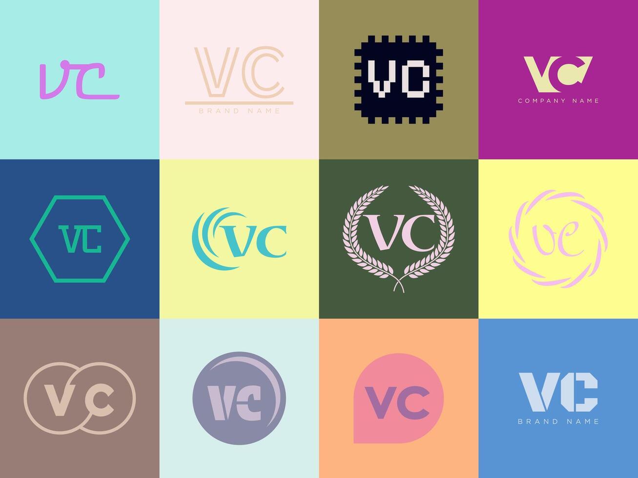 VC logo company template. Letter v and c logotype. Set different classic serif lettering and modern bold text with design elements. Initial font typography. vector