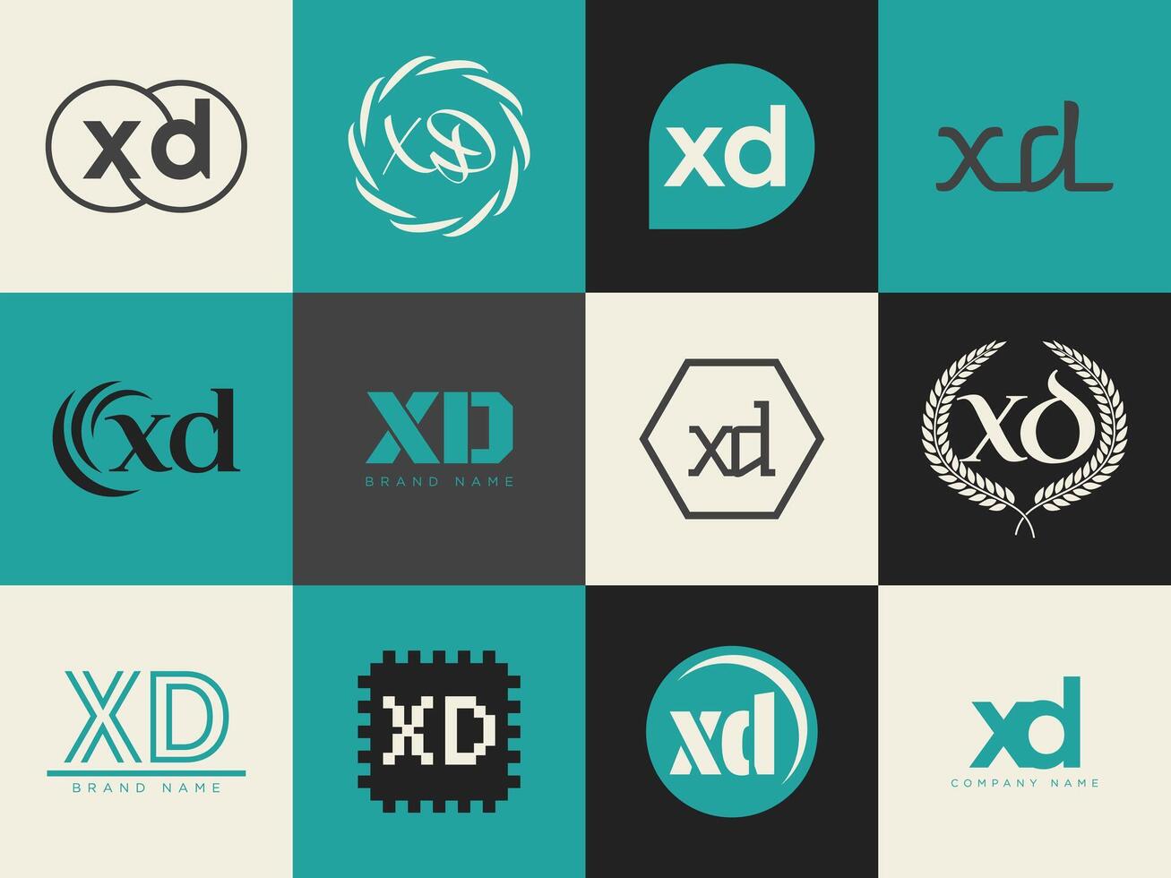XD logo company template. Letter x and d logotype. Set different classic serif lettering and modern bold text with design elements. Initial font typography. vector