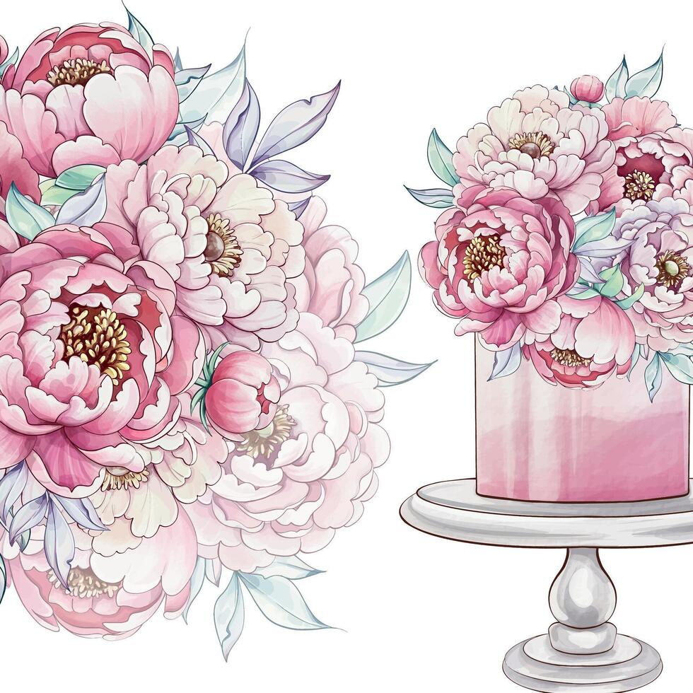 Lush peonies bloom vibrantly in shades of pink and white, elegantly arranged atop a delicate cake stand with soft green foliage. vector