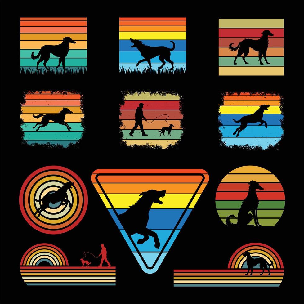 Irish Wolfhound Silhouette with Retro Sunset Vibes Bundle vector