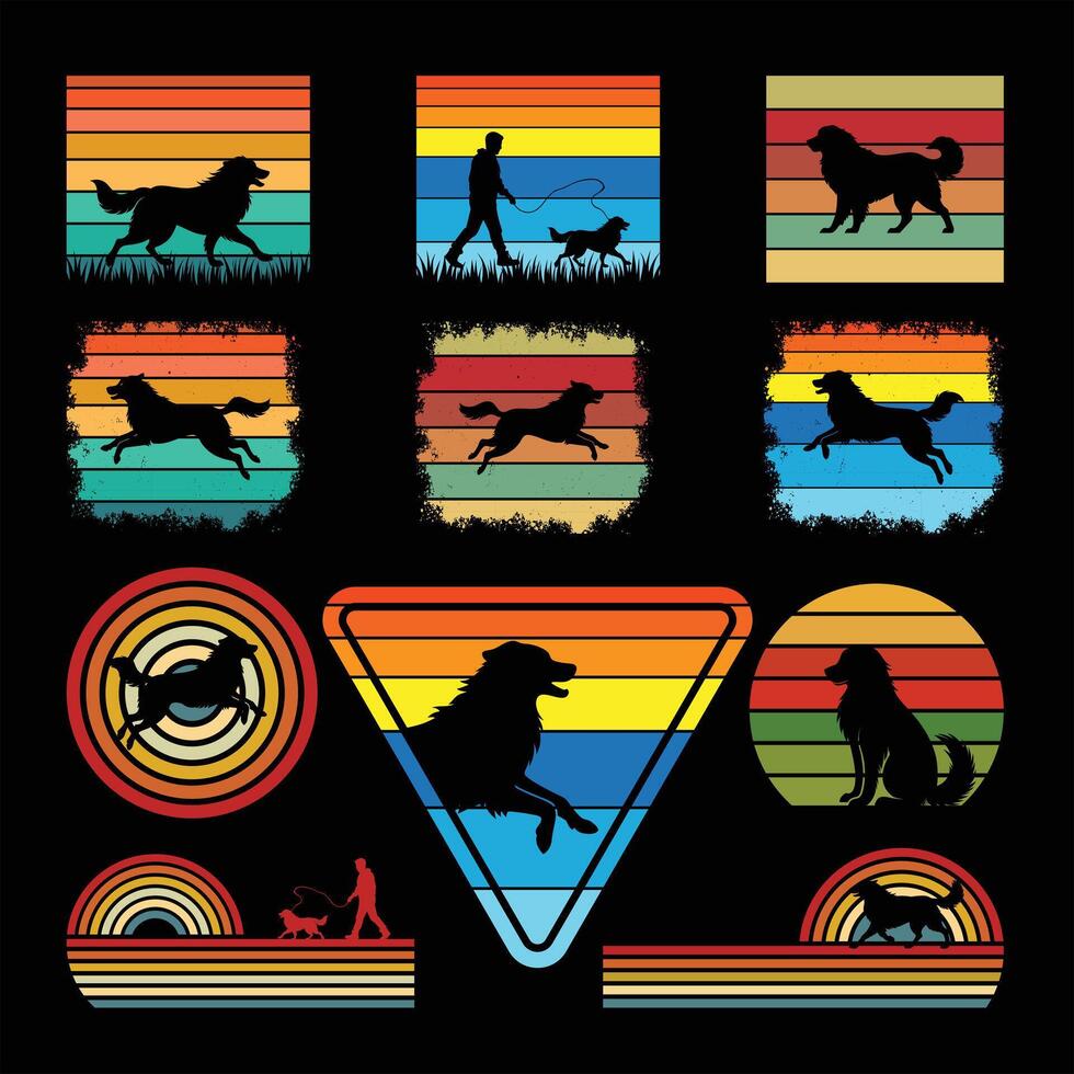 Great Pyrenees Dog Silhouette Against Retro Sunset Bundle vector