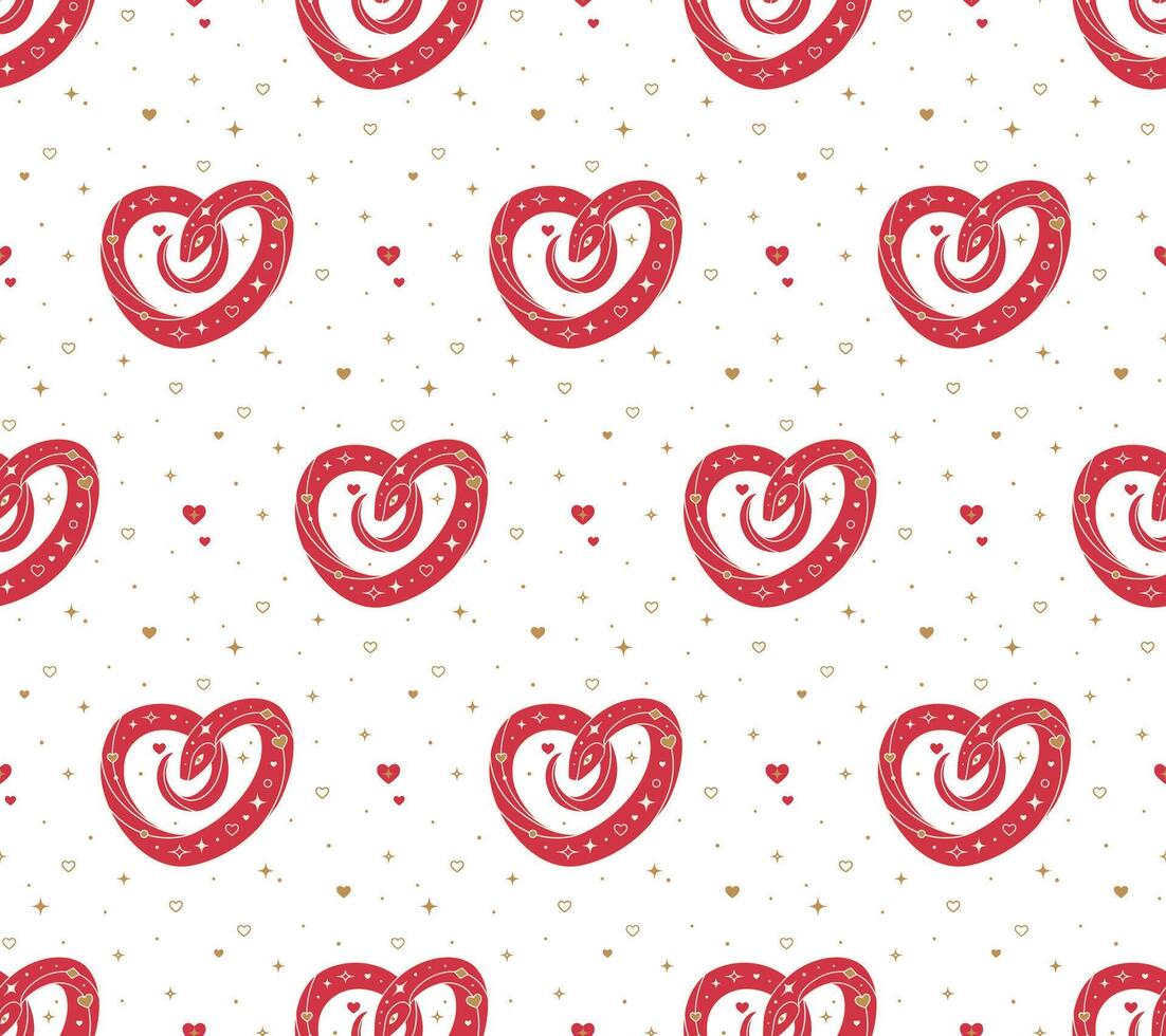 Seamless pattern with red heart shaped snake and abstract Y2K figures on transparent background. vector