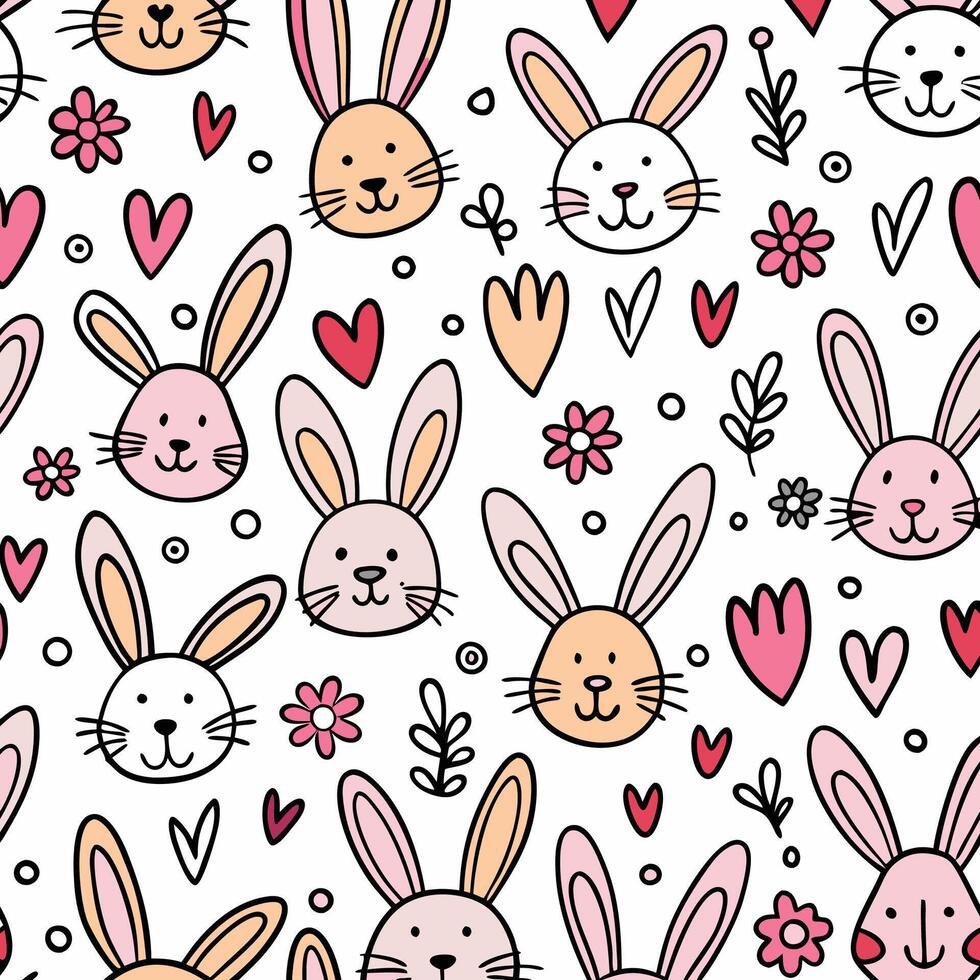 seamless pattern with cute bunny faces and hearts vector
