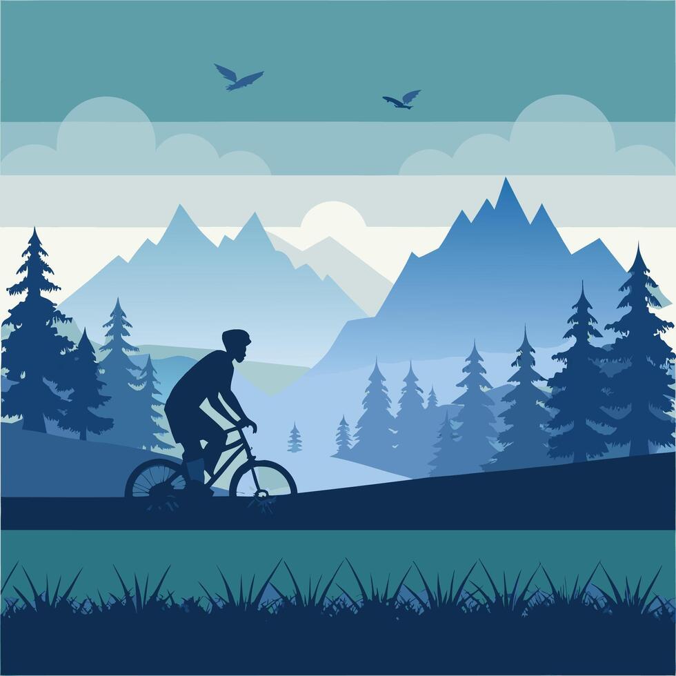 a man riding a bike in the mountains vector