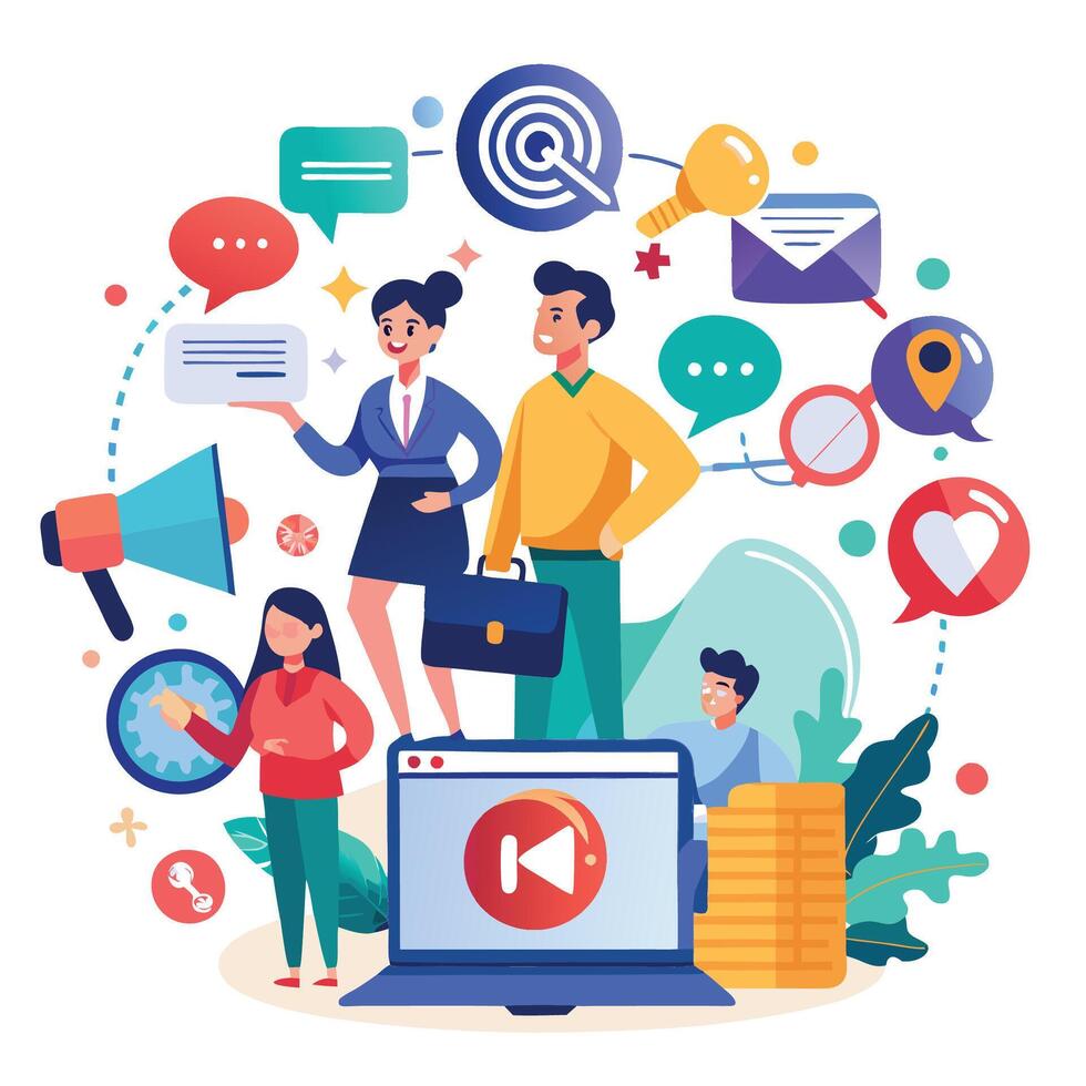 people are standing around a laptop with various icons vector