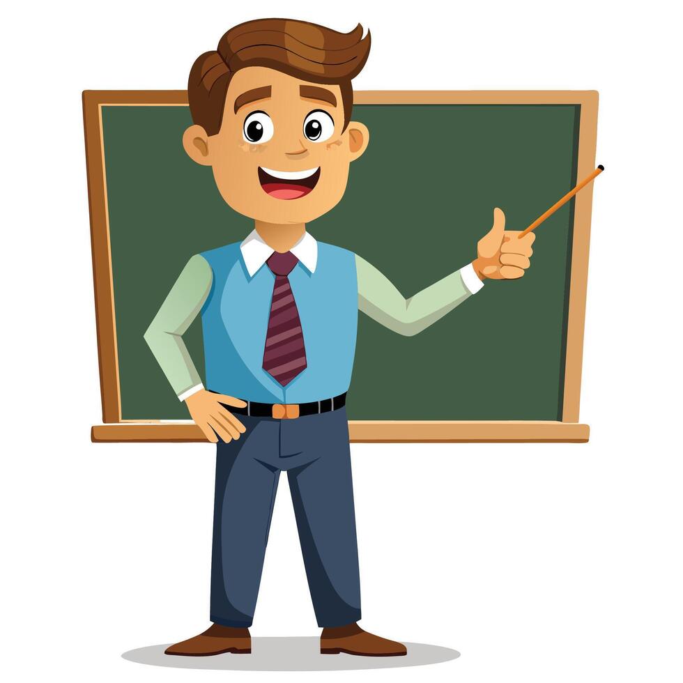 a cartoon teacher standing in front of a blackboard white background vector