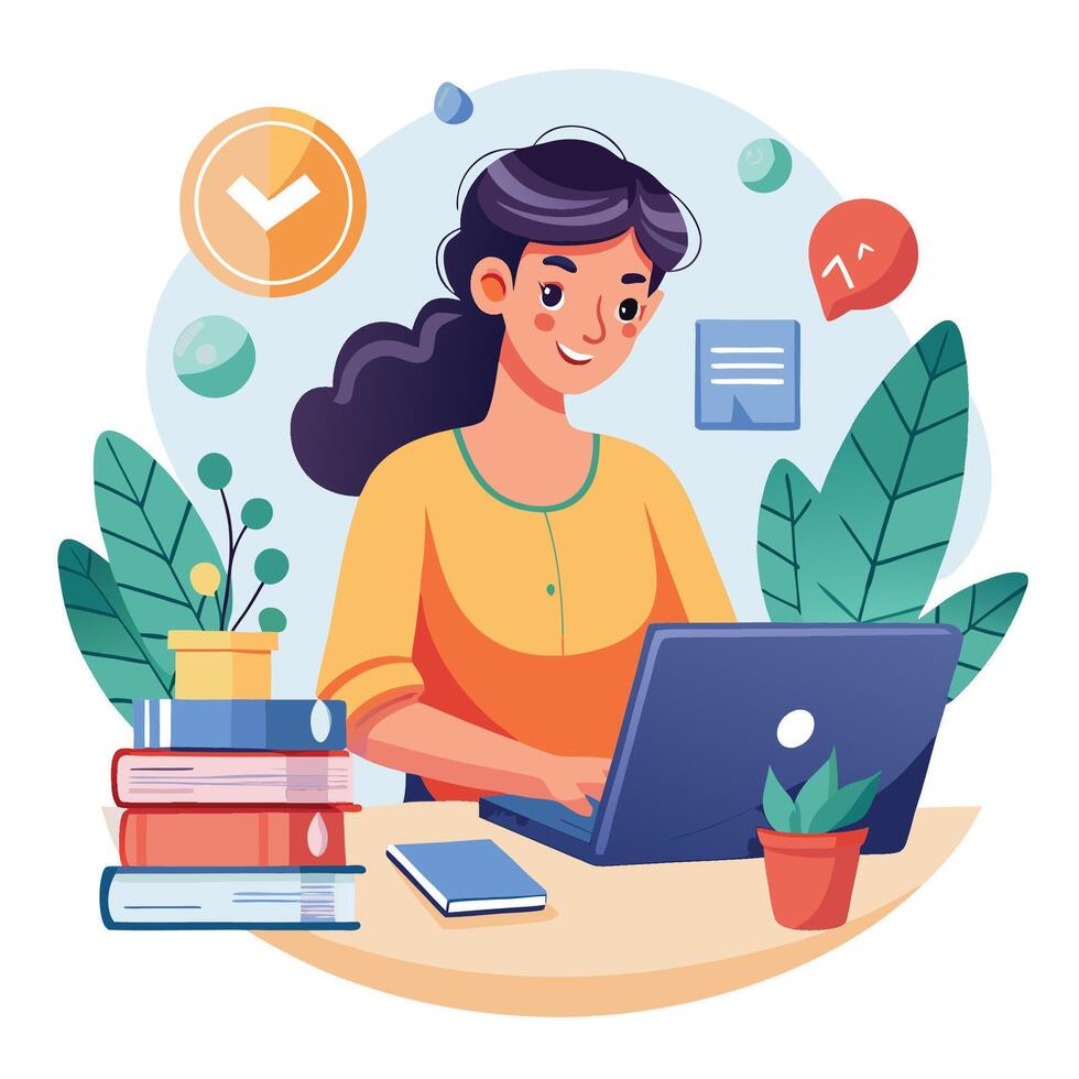 a woman is working on her laptop in front of a desk with books and plants vector
