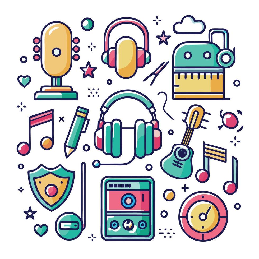 music icons set with headphones, microphone, guitar, microphone, music notes and other items vector