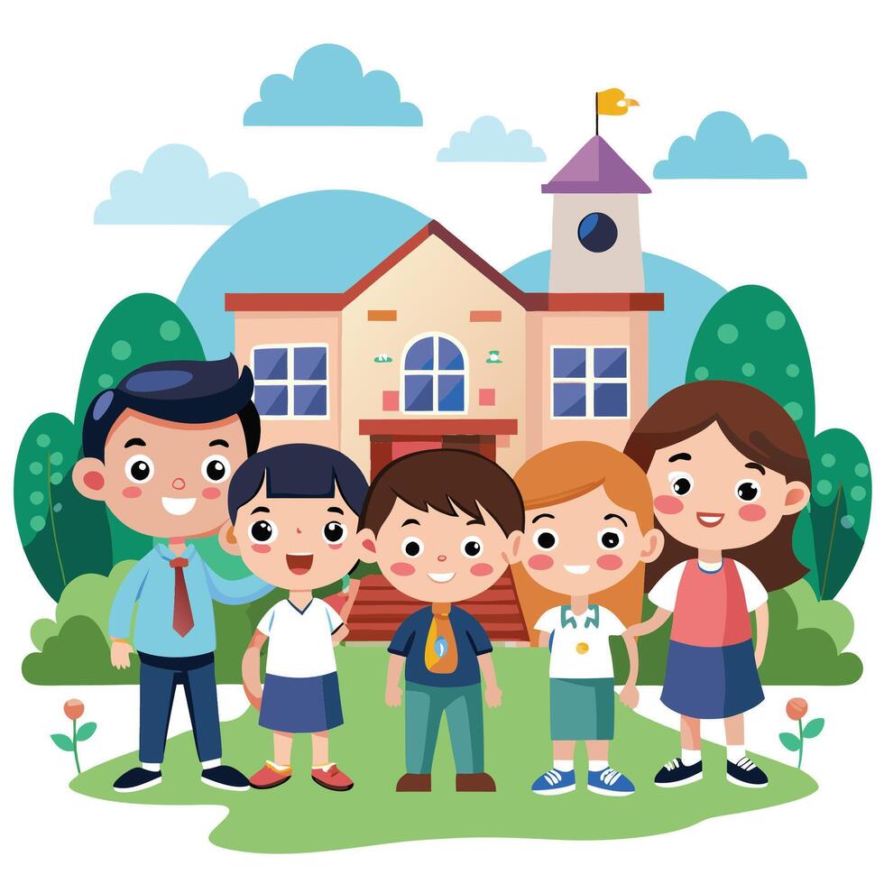 school children with their teacher and principal in front of a school building vector