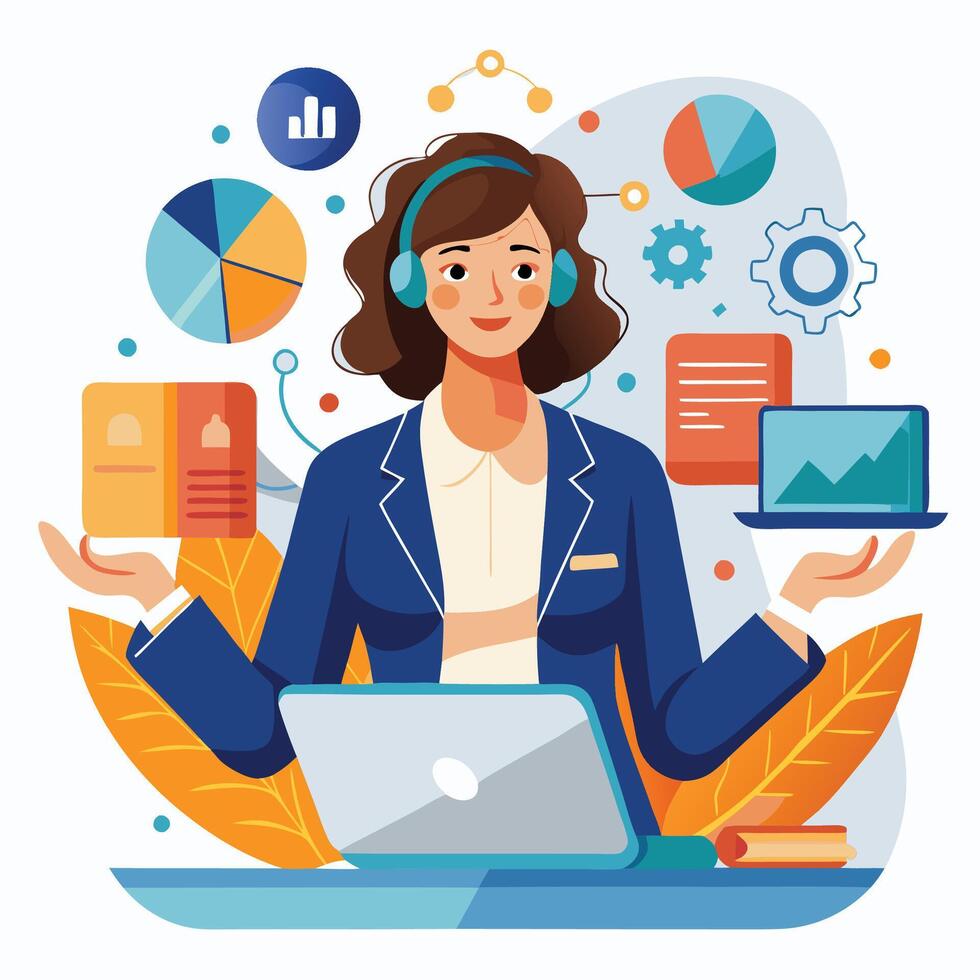 call center agent working on laptop with phone and other devices vector