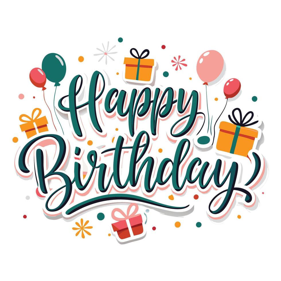 happy birthday text with gifts and balloons on white background vector