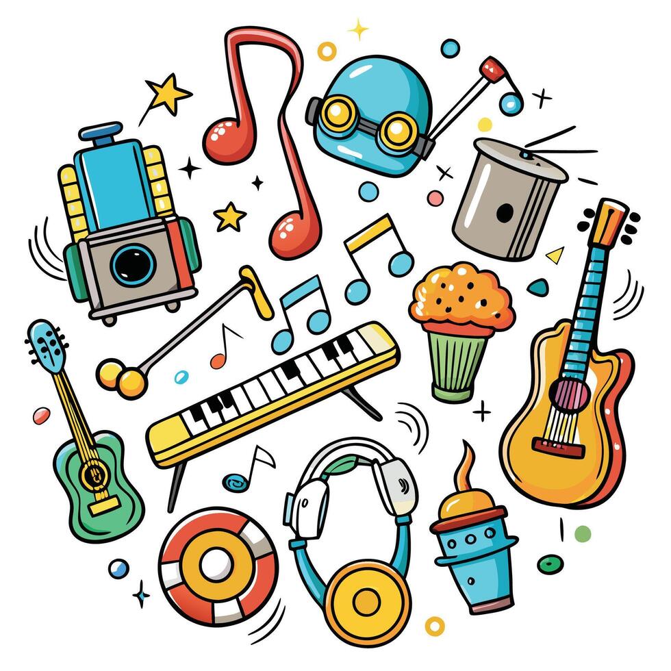 music instruments and accessories in a circle vector