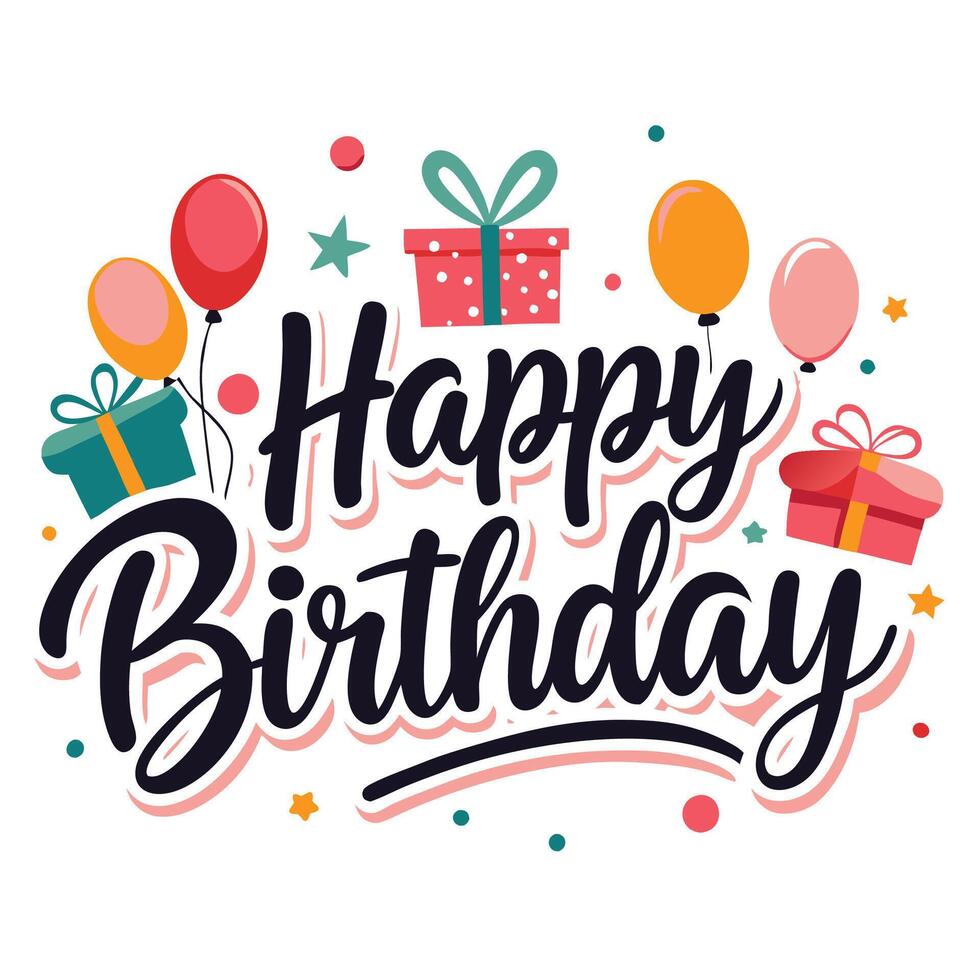 happy birthday text with balloons and gifts white background illustration vector