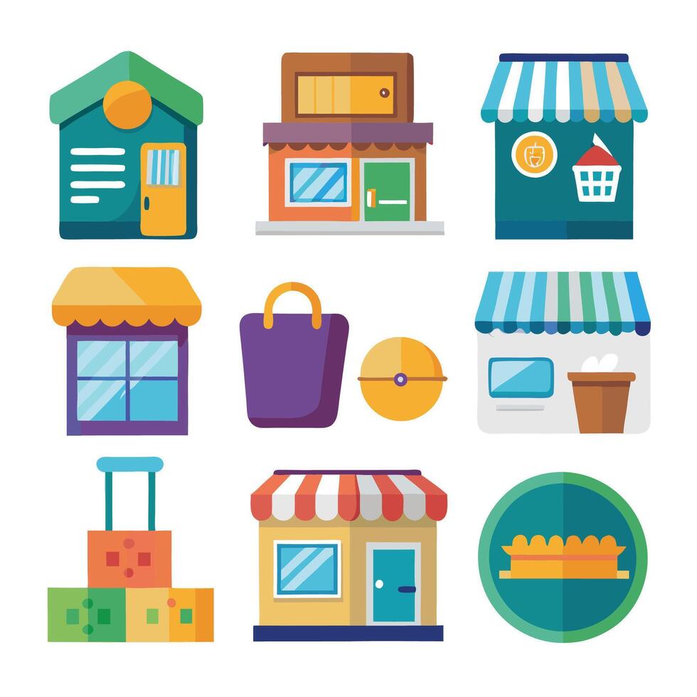 various types of buildings and stores in flat design vector