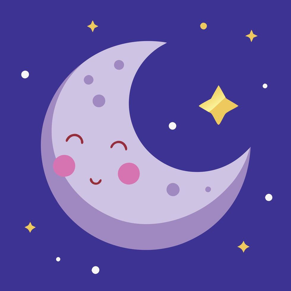 Cute Crescent Moon, Stars, Night Sky, Happy, Sleep, Dreams, Cartoon, Illustration, Childish, Design vector