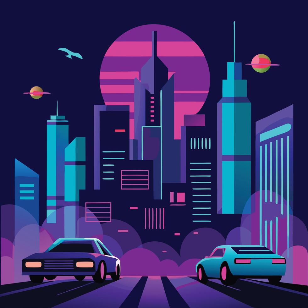 Retro Futuristic Cityscape Neon Lights, Cars, and Skyline vector