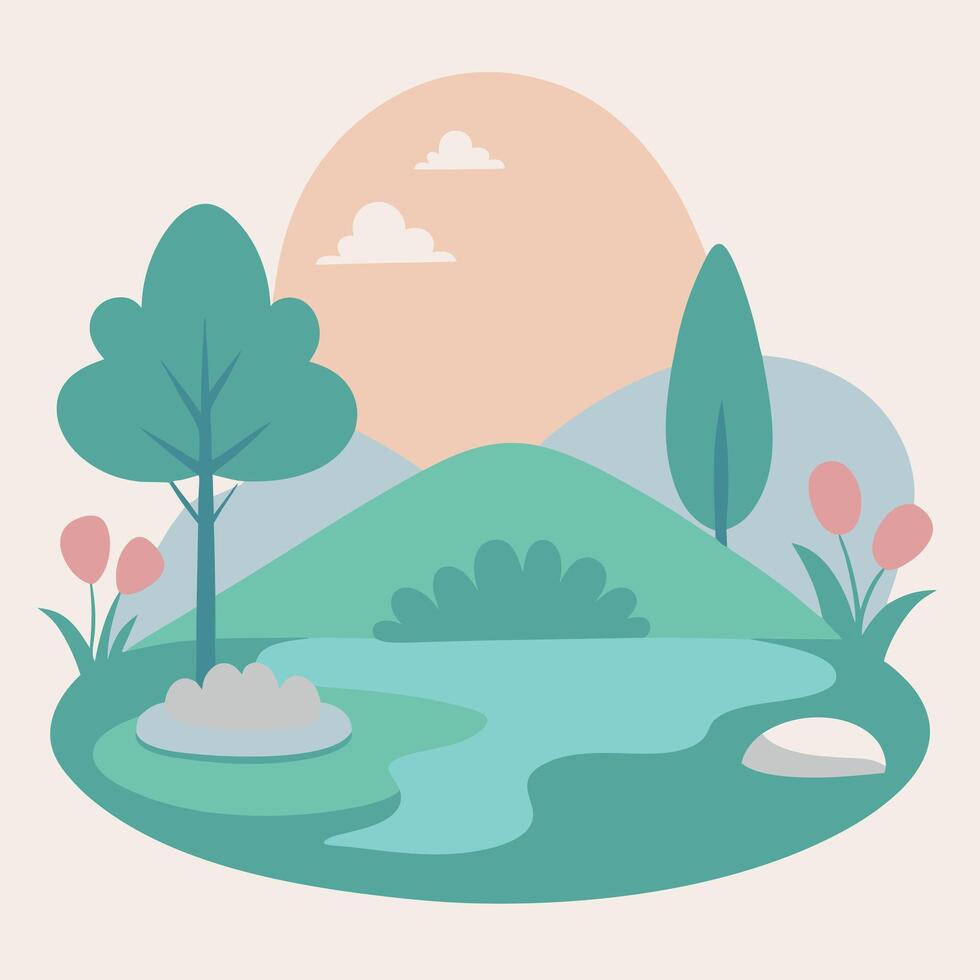 Serene Landscape Sunset, Lake, Trees, Hills, Flowers, Nature vector