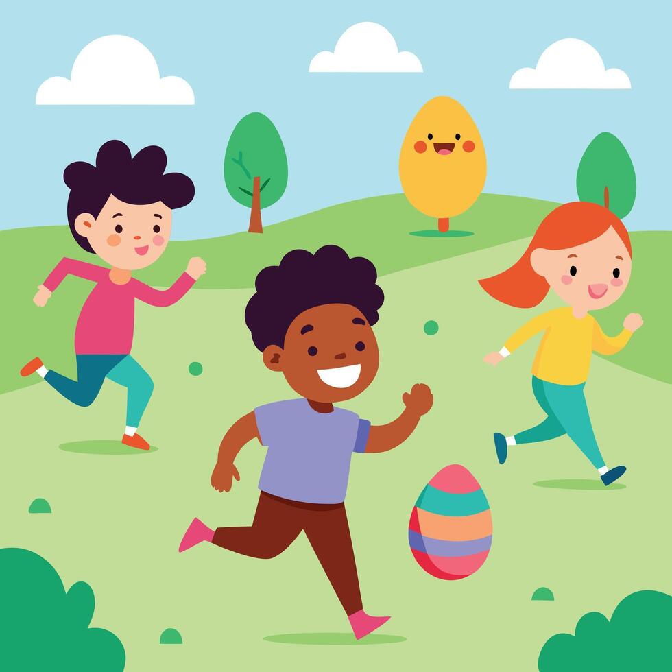 Childrens Easter Egg Hunt Fun in Springtime Park vector