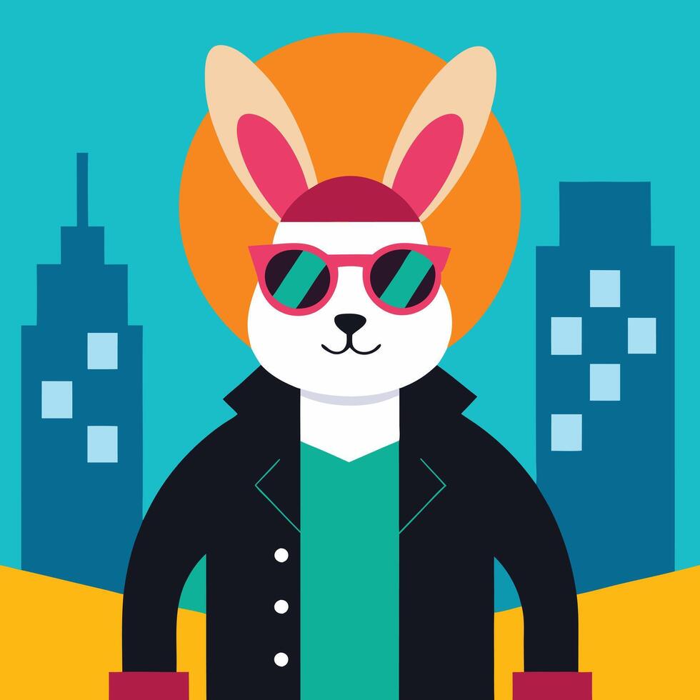 Cool Rabbit in Cityscape Sunglasses, Jacket, Urban Style vector