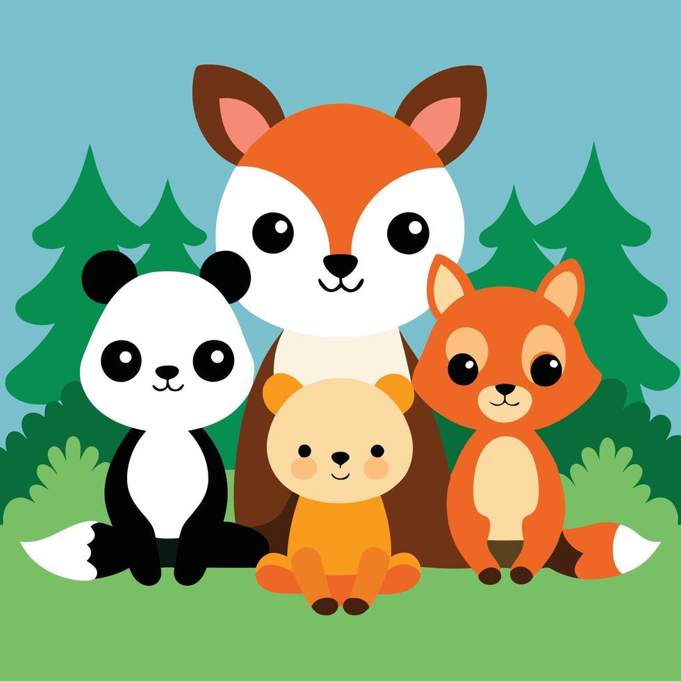 Adorable Panda, Foxes, and Bear Cub in Forest Setting vector
