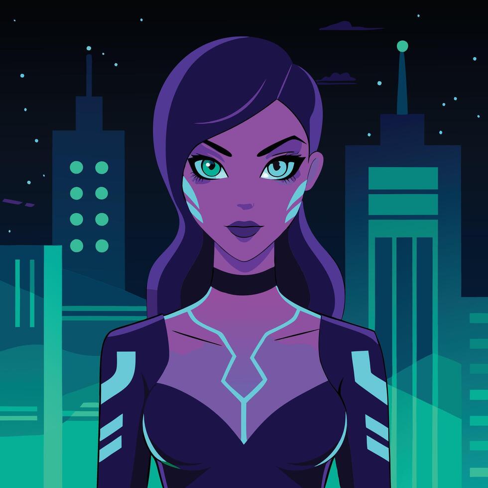 Cyberpunk City Futuristic Woman, Neon Lights, Night Cityscape vector