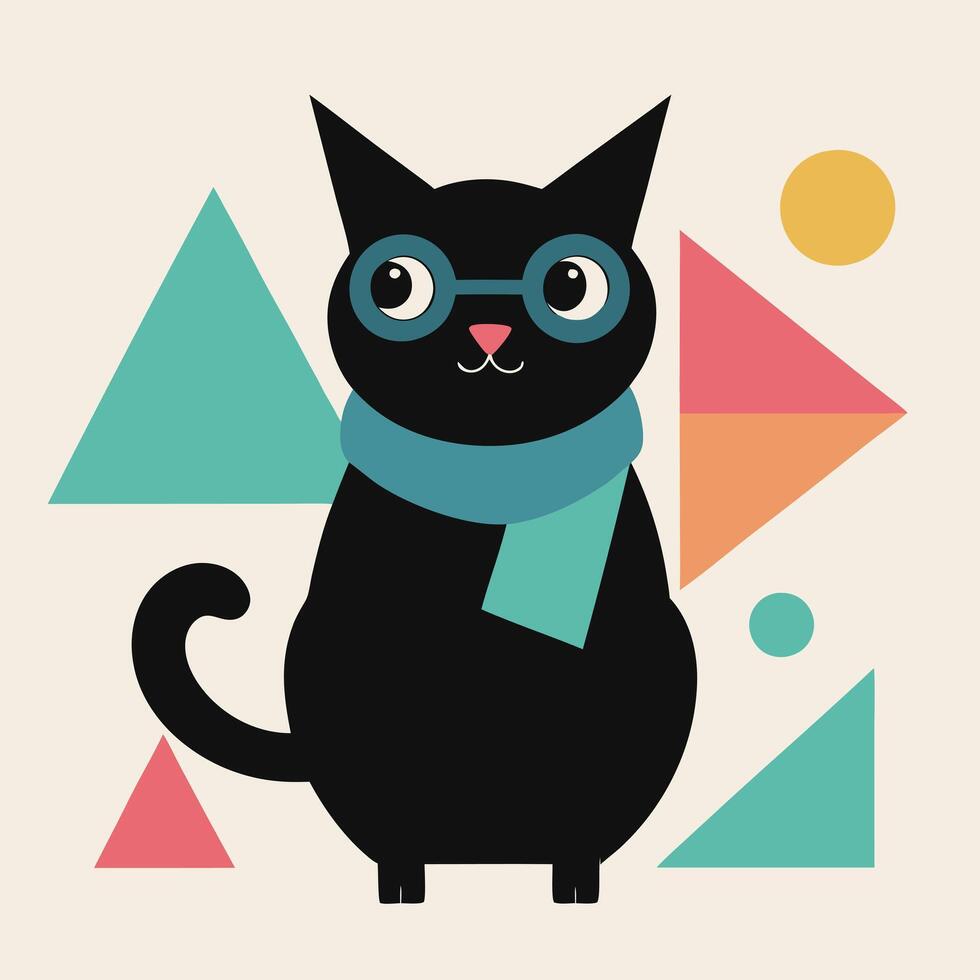 Stylish Black Cat Geometric Art Print, Glasses, Scarf, Trendy vector