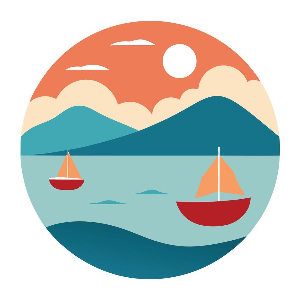 Scenic Seascape Sailboats, Mountains, Sunset, Calm Waters, Summer Day vector