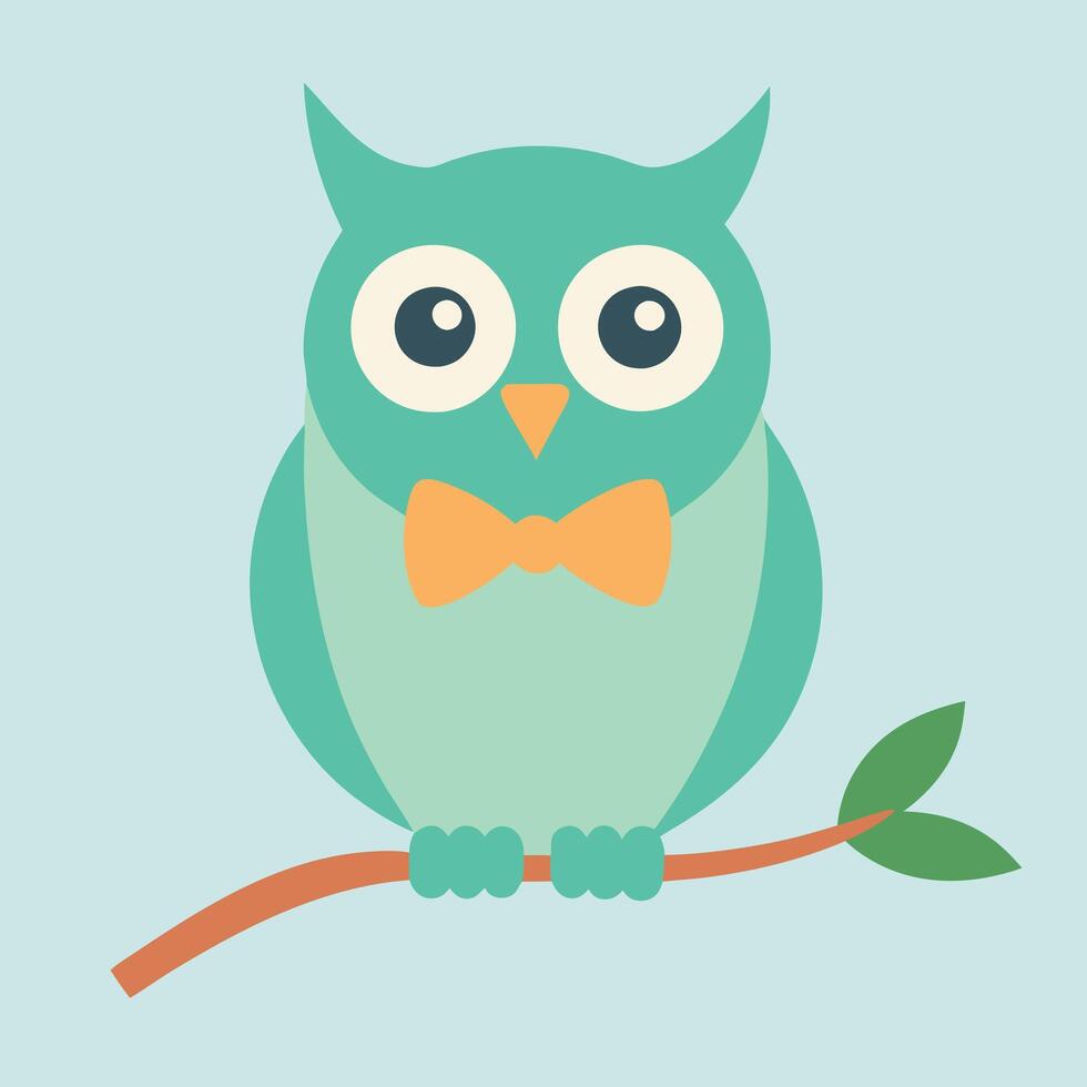 Cute Teal Owl Wearing Bowtie Perched on Branch Illustration vector