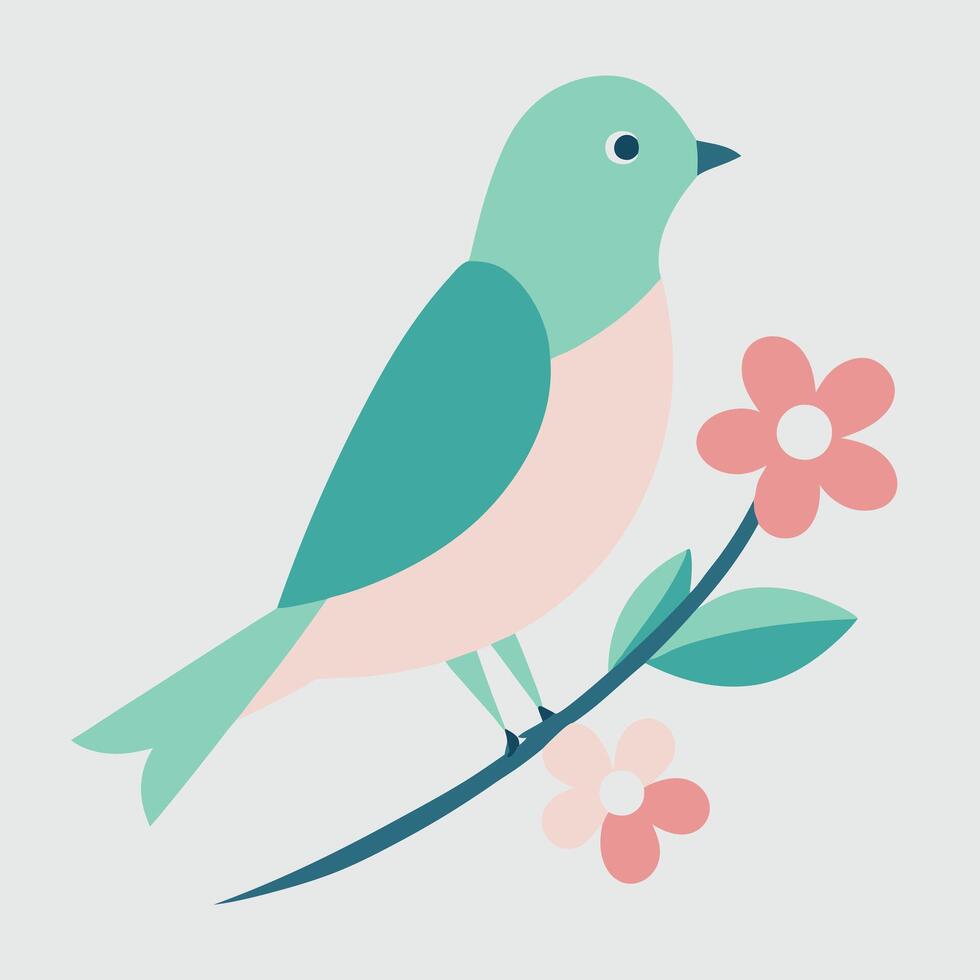 Pastel Bird on Branch with Pink Flowers Spring Design vector