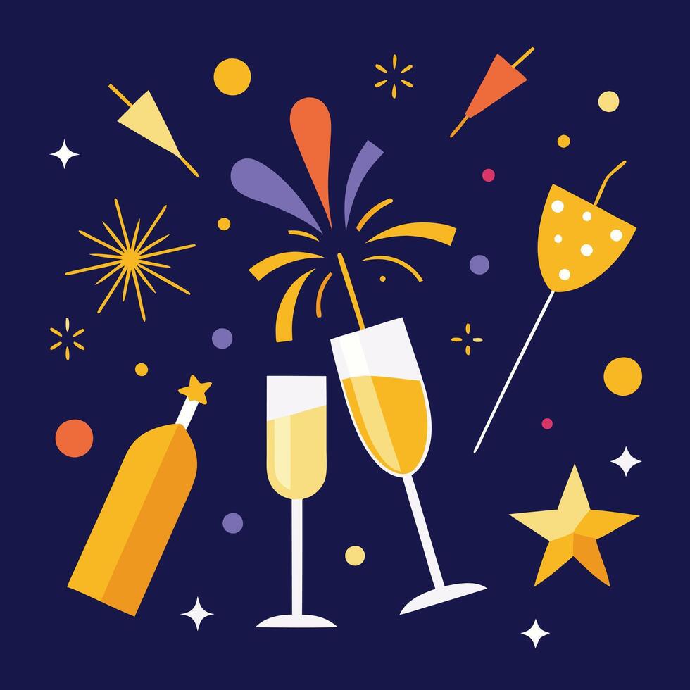 New Years Eve Celebration Fireworks, Champagne, Party vector