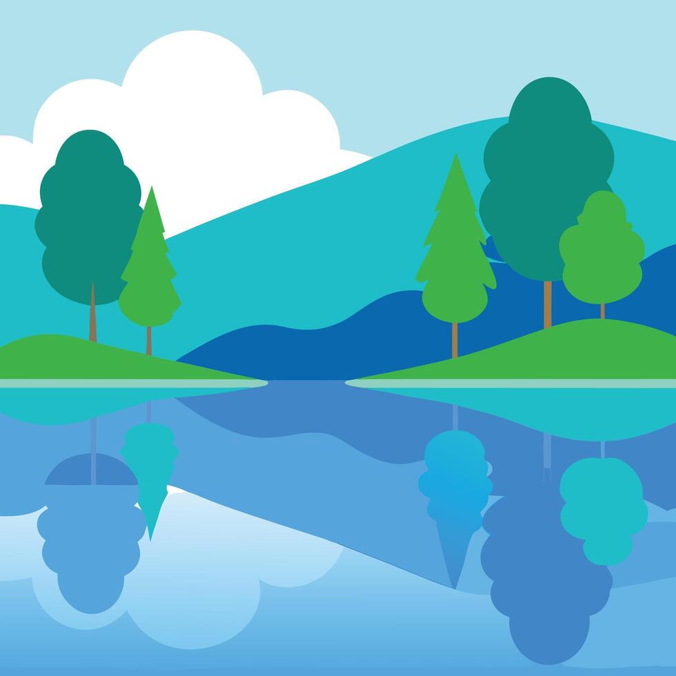 Serene Lakeside Landscape Trees, Mountains, and Sky Reflection vector