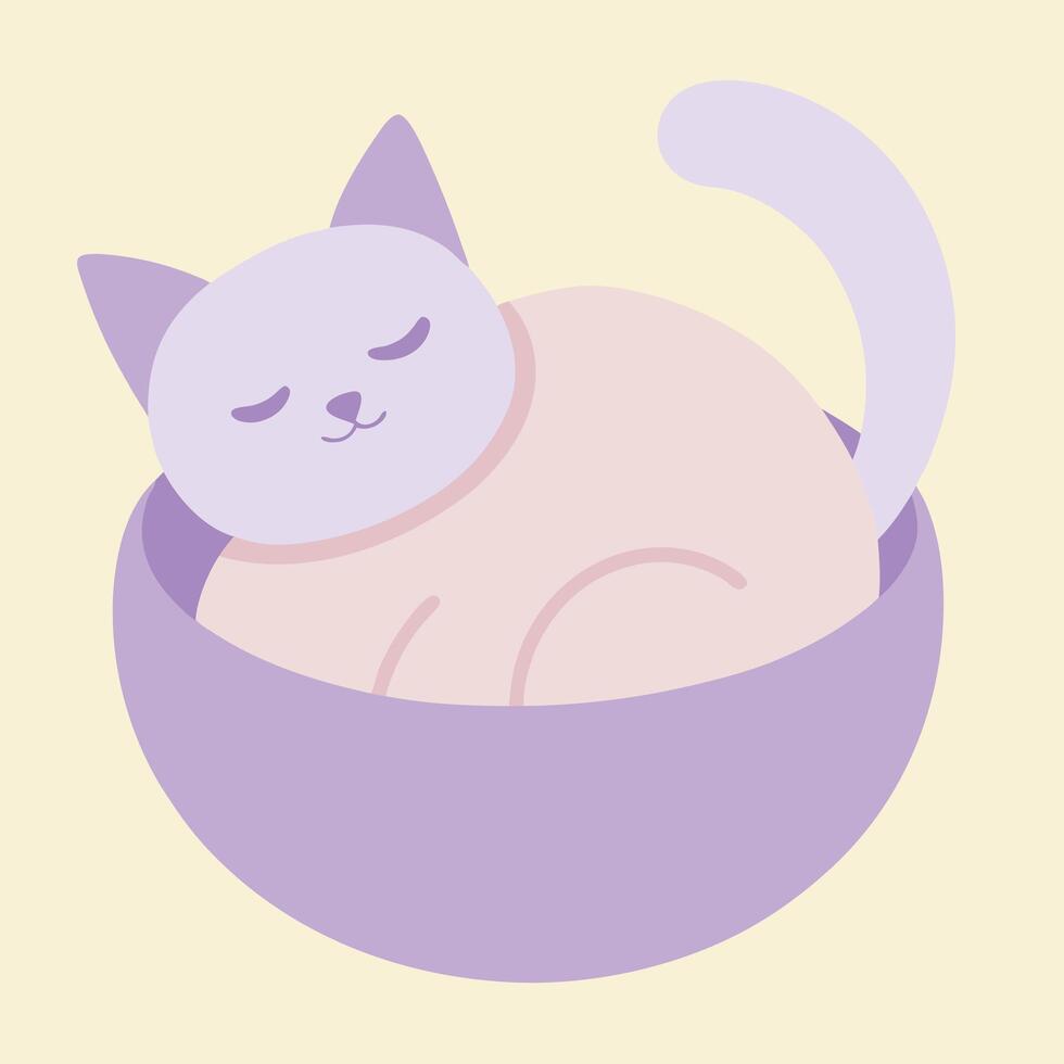 Adorable Sleeping Cat Curled in Purple Bowl Cozy Cute Kitten vector