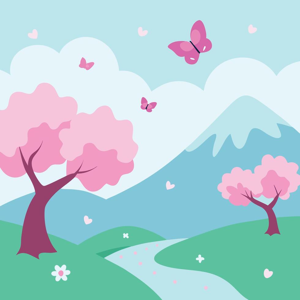 Serene Spring Landscape Butterflies, Cherry Blossoms, Mountains vector