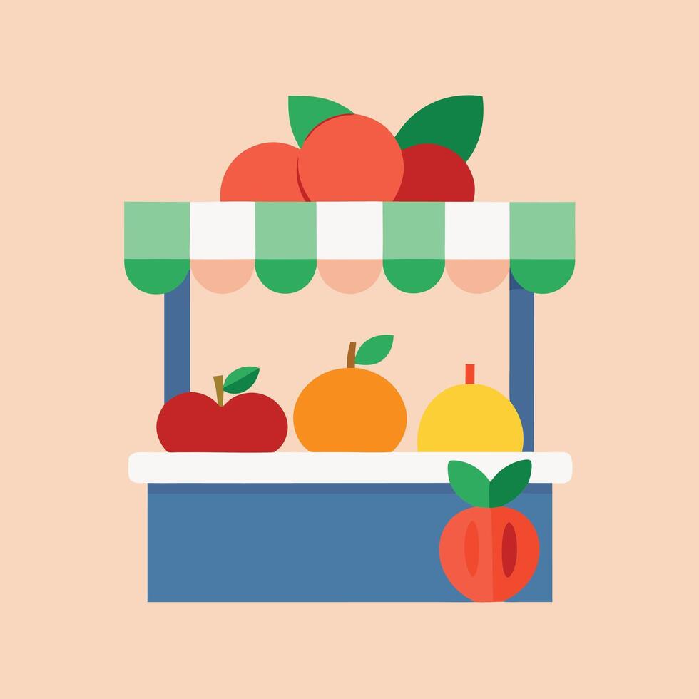 Fresh Fruit Market Stall Apples, Oranges, Peaches, Summer Produce vector