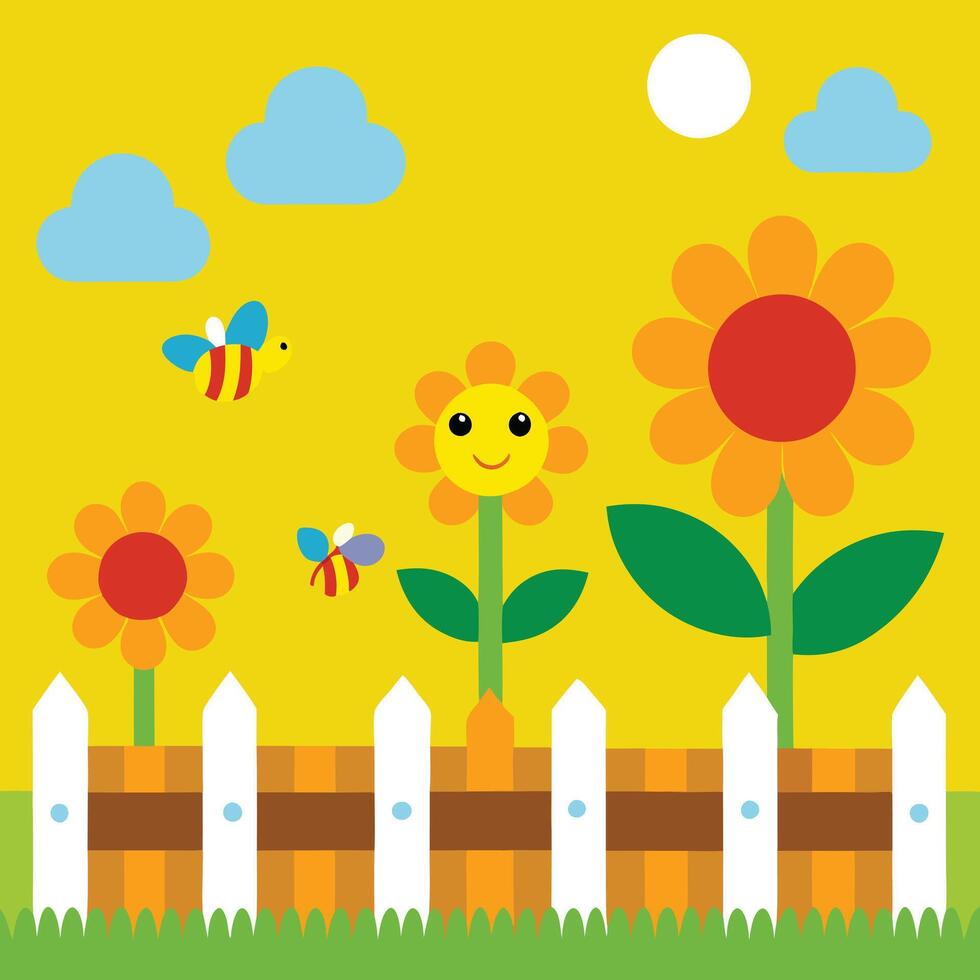 Happy Sunflowers, Bees, Fence, Garden, Clouds, Yellow, Spring, Cartoon, Childish, Illustration vector
