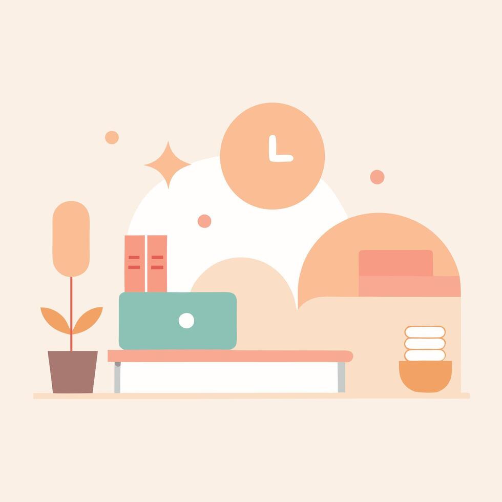 Minimalist Home Office Setup Laptop, Books, Plant, Clock vector