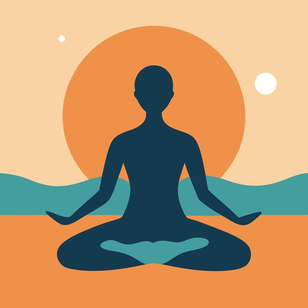 Silhouette Yoga Pose Sunset Ocean Beach Meditation Mindfulness Peace Tranquility vector