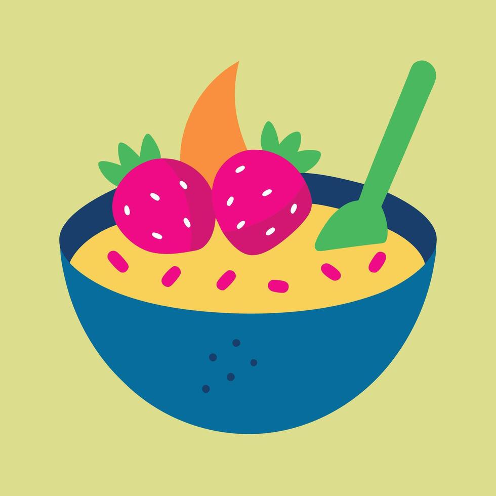 Delicious Strawberry Oatmeal Breakfast Bowl with Spoon vector