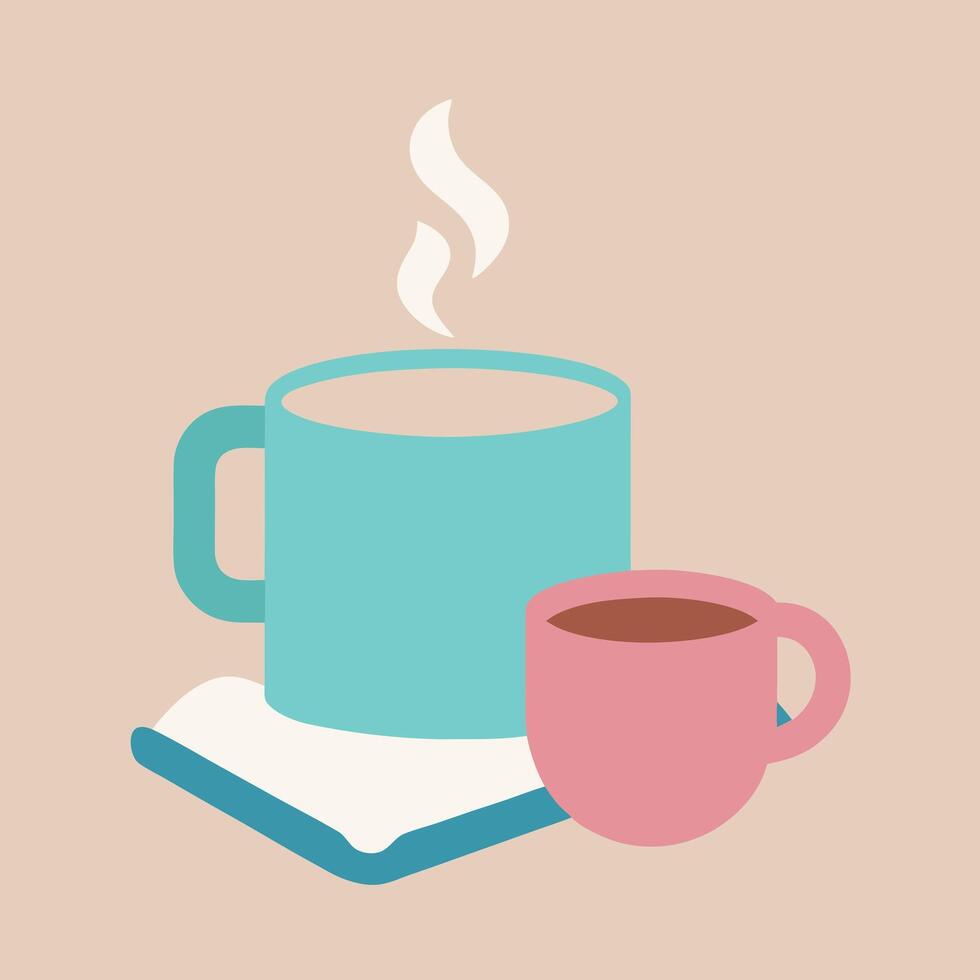 Cozy Coffee Break Two Mugs, Book, Steam, Warm Drink vector