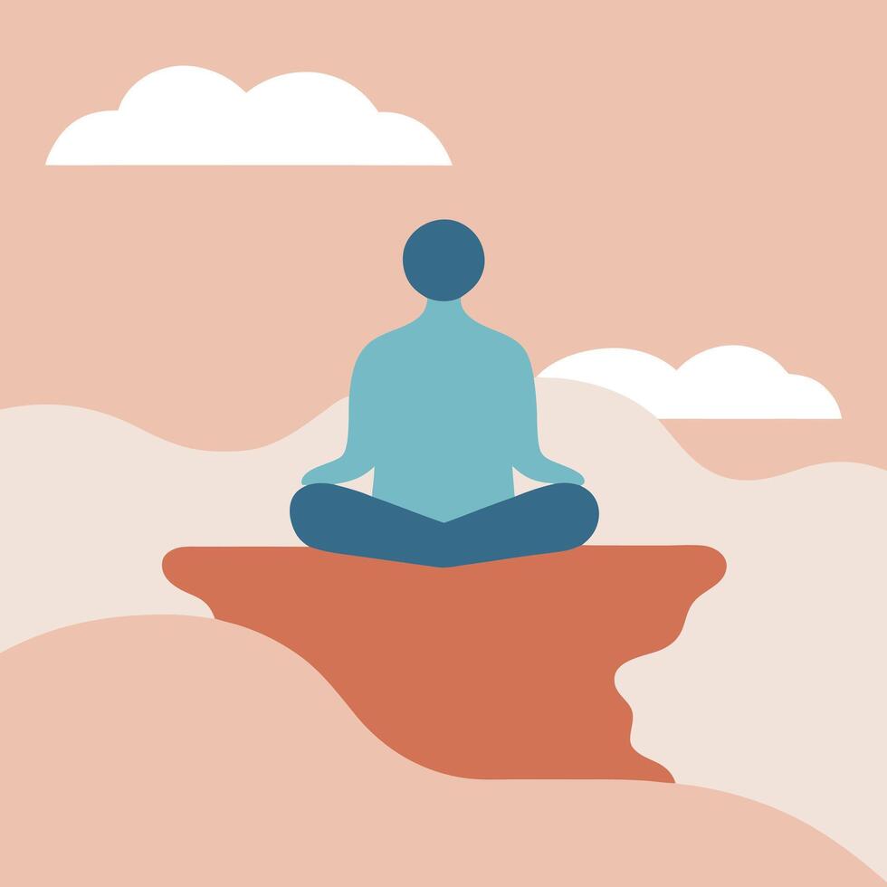 Serene Mindful Meditation Peaceful Yoga on Clifftop, Cloudscape View vector