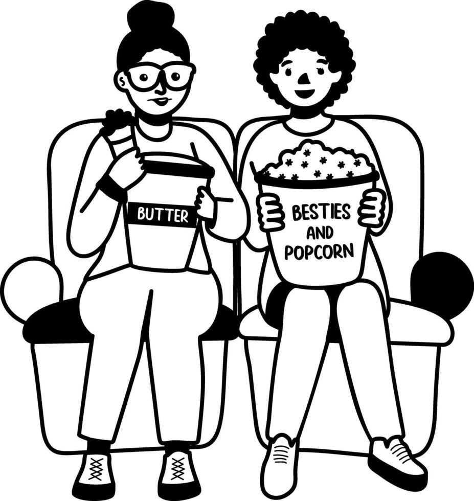 A glyph striker of two besties watching movie and eating popcorns vector
