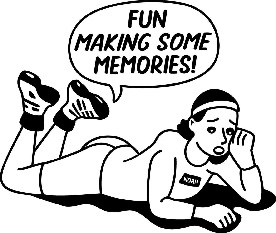 A glyph sticker of a bored character with making memories typography vector