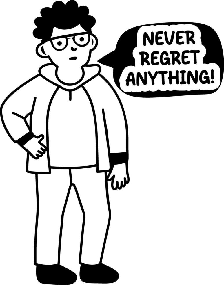 A glyph sticker of a character saying never regret anything vector