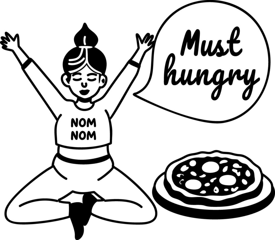 A glyph sticker of a girl with pizza and saying must hungry vector
