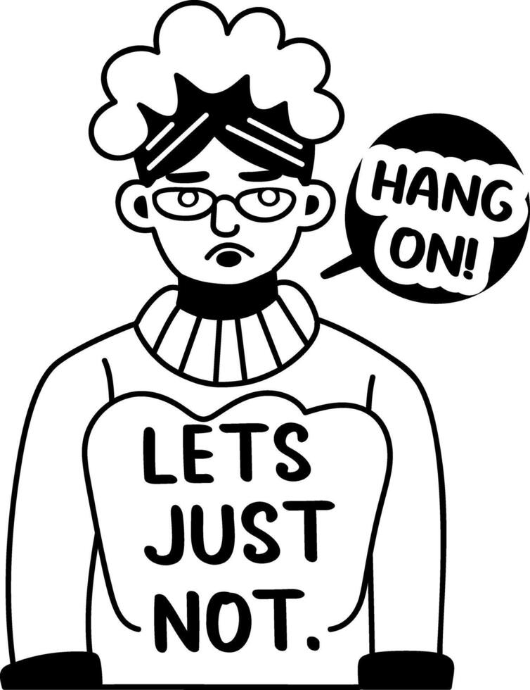 A glyph sticker of a character with hang on typography vector