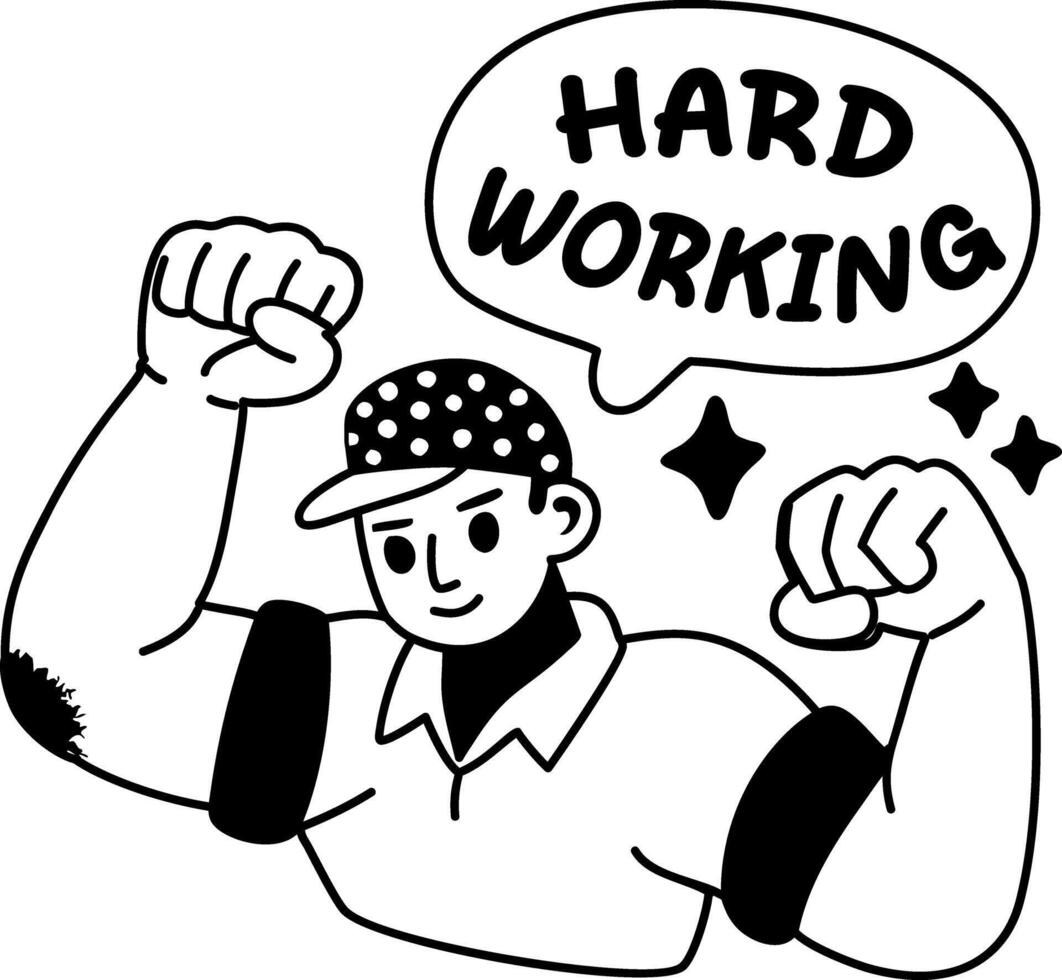 A glyph sticker of a muscle character with hardworking typography vector
